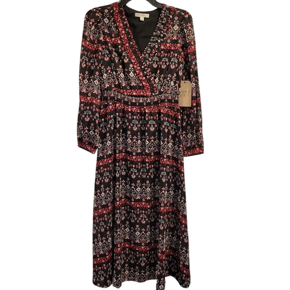 Frye & Co Black Beauty Red Black Floral Mesh Long Sleeve Dress